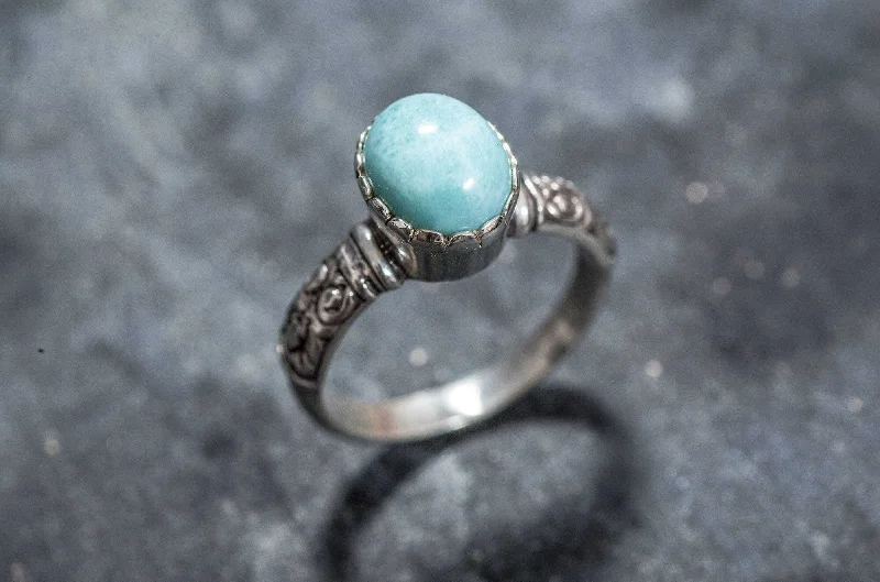 Adjustable rings for women -Genuine Larimar Ring - Blue Solitaire Ring - Vintage Tribal Band