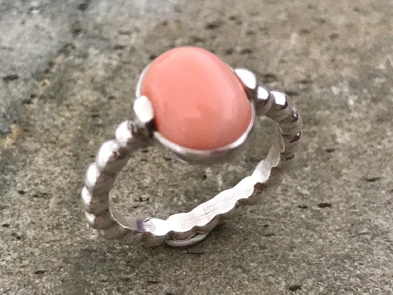 Wedding rings for women with sapphires -Natural Coral Ring - Pink Oval Ring - Vintage Bubble Band