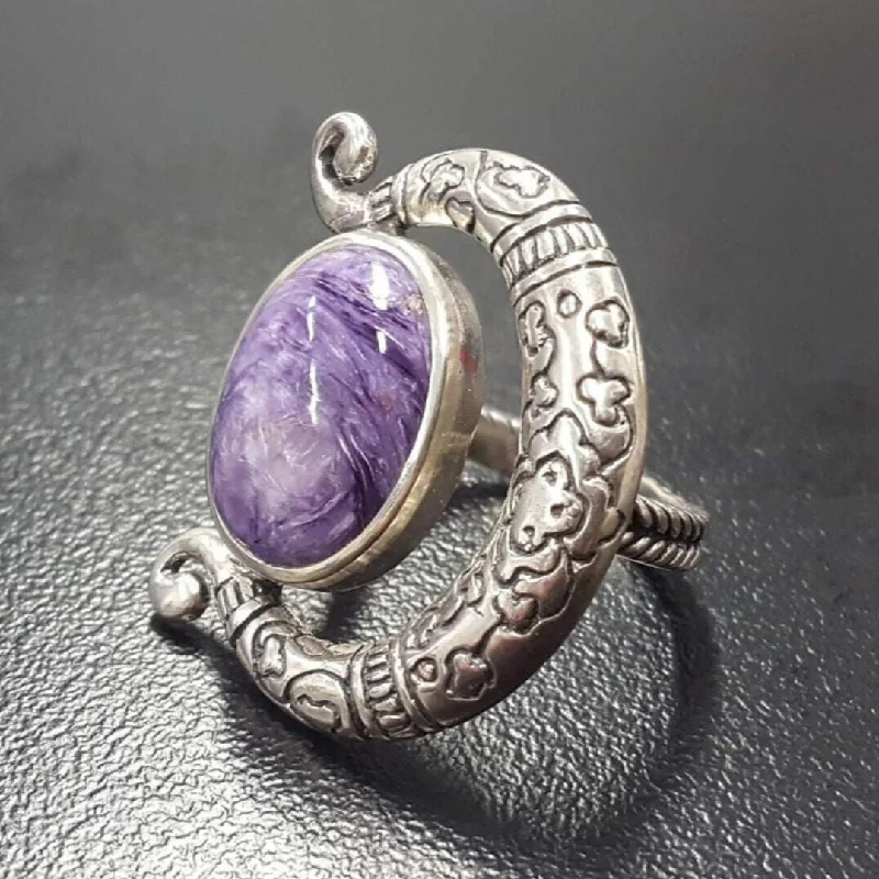 Wedding rings with emerald for women -Charoite Ring - Boho Charoite Ring - Statement Tribal Ring