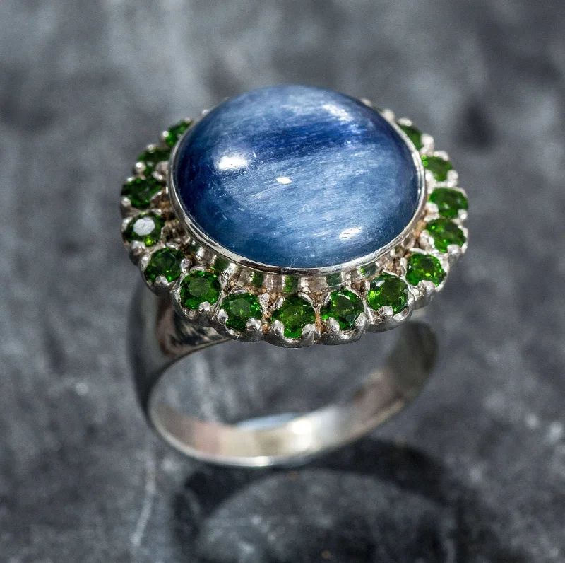 Trendy rings with gemstones for women -Kyanite Ring - Blue Statement Ring - Large Flower Ring