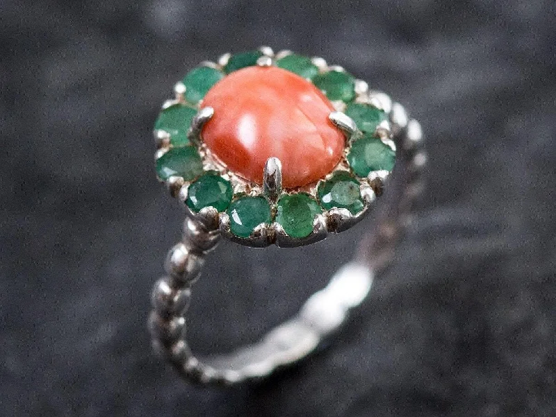 High-end designer rings for women -Coral Victorian Ring - Orange Flower Ring - Silver Coral Ring