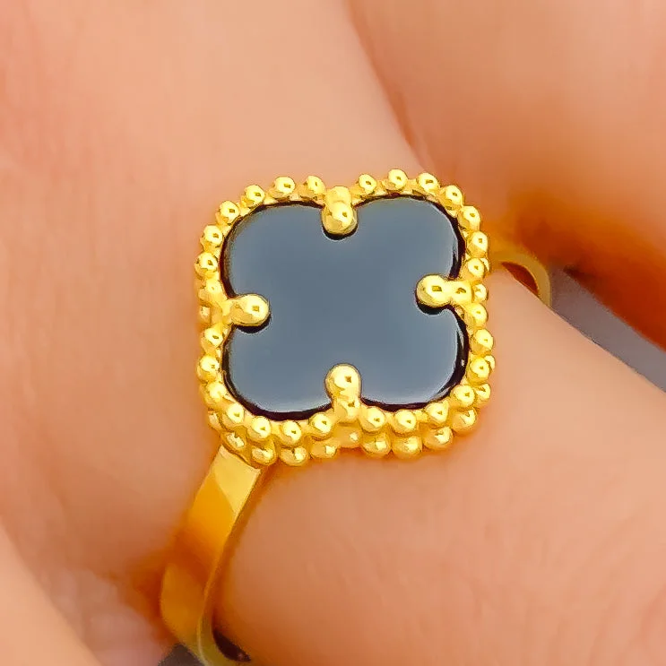 Gold-plated rings for women -Palatial Black Onyx 21K Gold Clover Ring