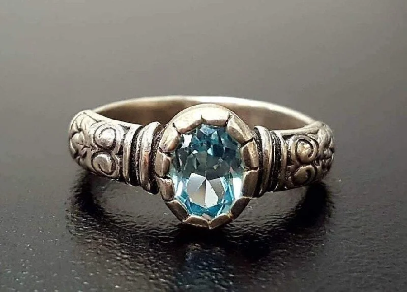 Wedding sets with rings for women -Blue Topaz Boho Ring - Oval Blue Topaz Ring - Solitaire Blue Topaz Band