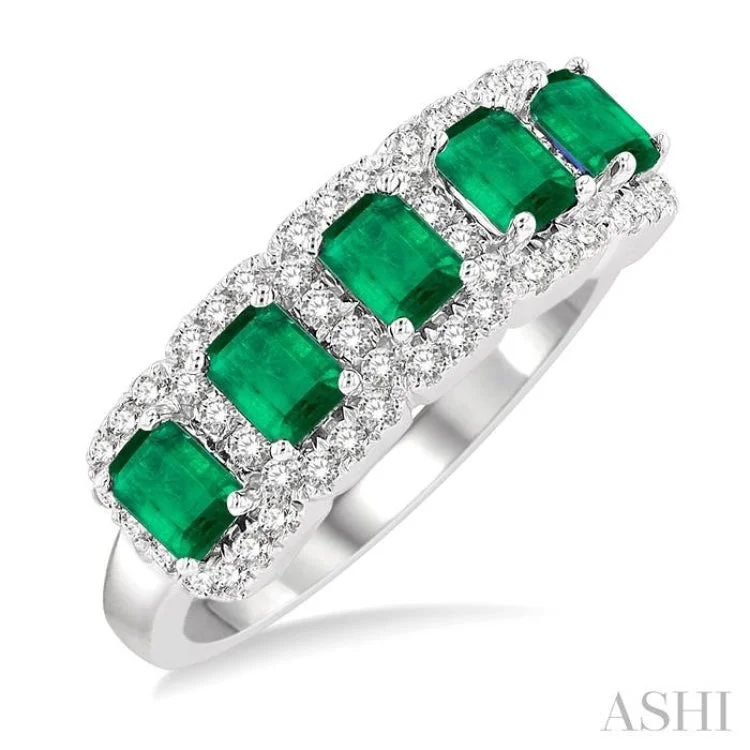 Art deco engagement rings for women -4x3 MM Emerald Shape Emerald and 1/2 ctw Round Cut Diamond Precious Wedding Band in 14K White Gold