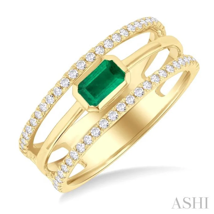 Timeless engagement rings for women -5x3 MM East- West Emerald and 1/4 ctw Single Cut Diamond Triple Split Precious Ring in 10K Yellow Gold