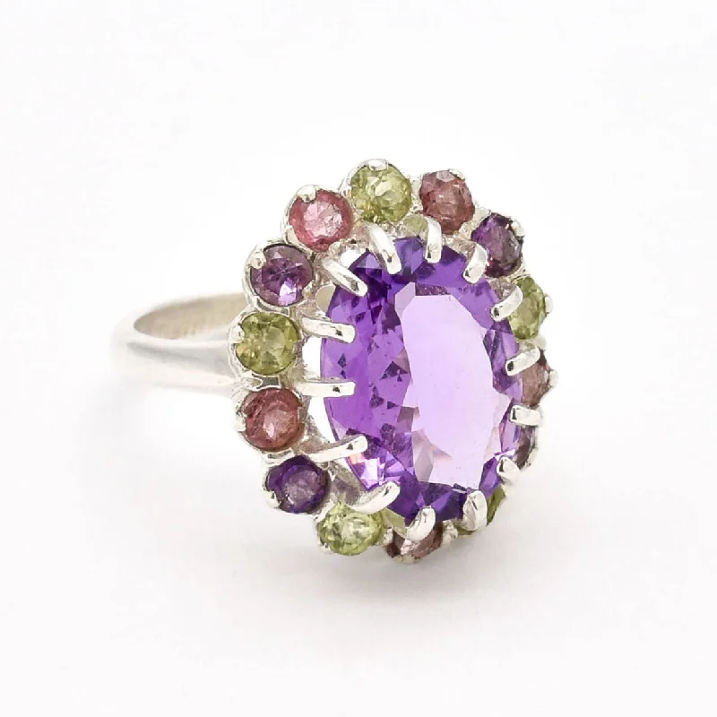 Designer silver rings for women -Statement Amethyst Ring - Natural Amethyst Ring - Large Multistone Ring