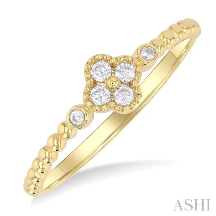 Unique custom engagement rings for women -1/8 ctw Petite Bead Shank Clover Leaf Round Cut Diamond Fashion Ring in 10K Yellow Gold