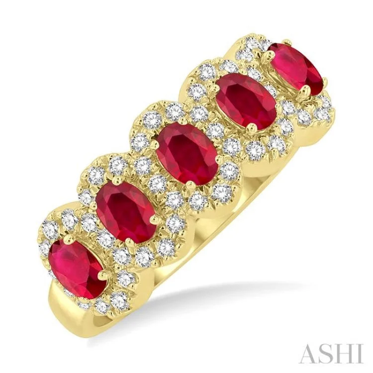 Engagement rings with unique settings for women -4x3 MM Oval Cut Ruby and 1/3 ctw Round Cut Diamond Precious Wedding Band in 14K Yellow Gold