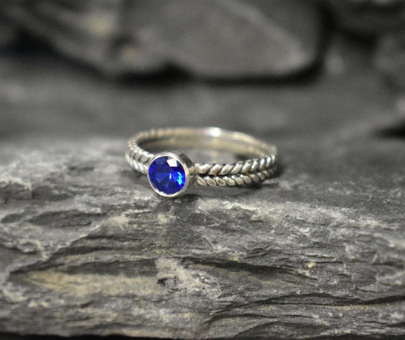 Personalized rings for women -Sapphire Ring - Round Blue Ring - Braided Silver Band