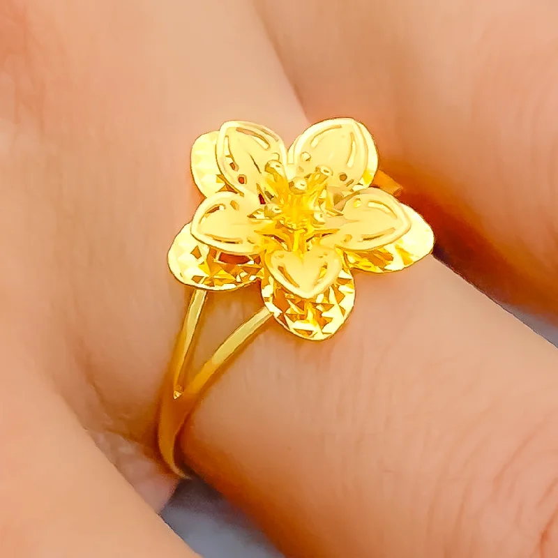 Diamond solitaire rings for women -Sparkling Striped Lily 22K Gold Ring