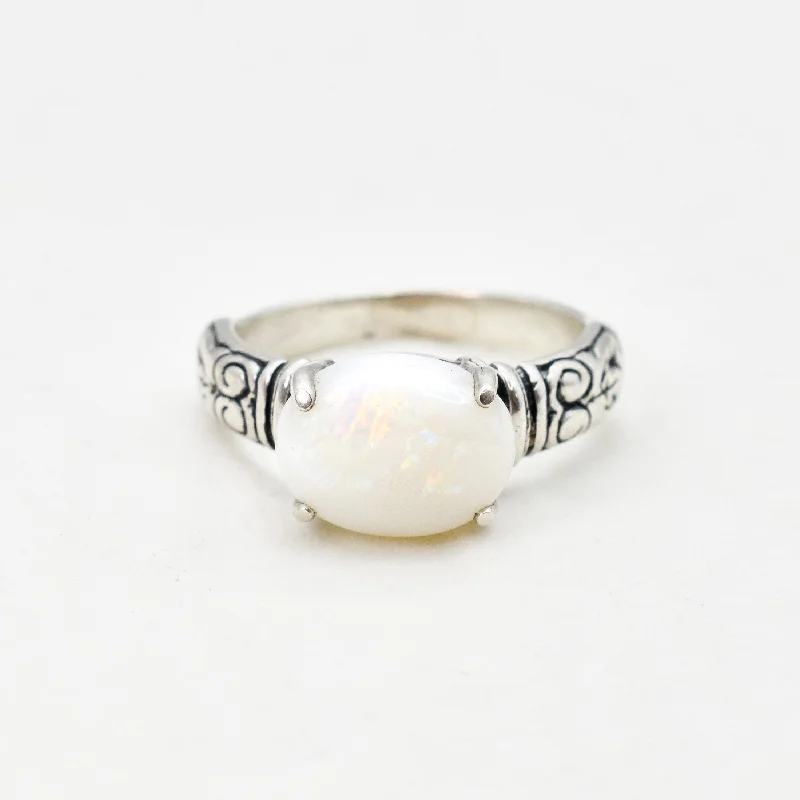 Luxury rings for women -Tribal Opal Ring - White Boho Ring - Horizontal Oval Ring