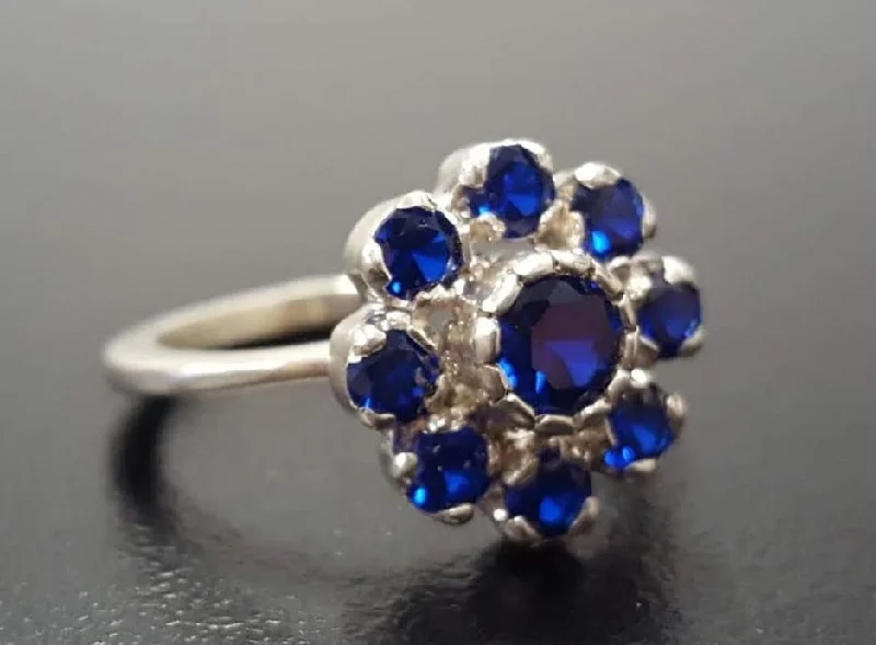 Cushion-cut rings for women -Flower Sapphire Ring - Blue Cocktail Ring - Large Vintage Ring