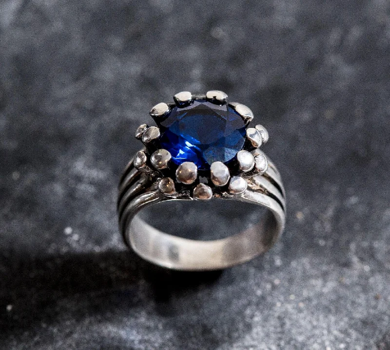 Designer silver rings for women -Sapphire Statement Ring - Blue Flower Ring - Sapphire Silver Ring