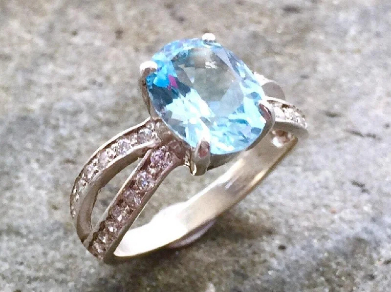 Promise rings with diamonds for women -Vintage Blue Topaz Ring - Natural Blue Topaz Ring - Blue Topaz Split Pave Band