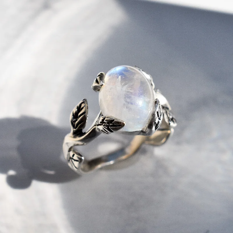 Engagement rings with sapphire for women -Leaf Moonstone Ring - Genuine Moonstone Ring - Vintage Solitaire Ring