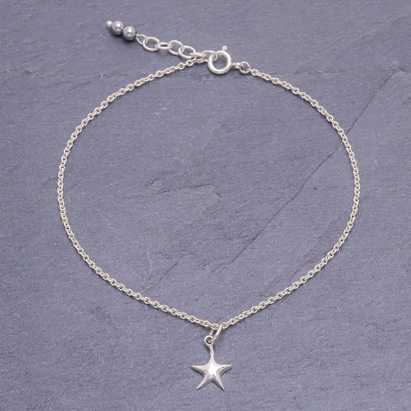 Silver bangles for women -Sea Starfish Sterling Silver Starfish Hematite Ankle Bracelet