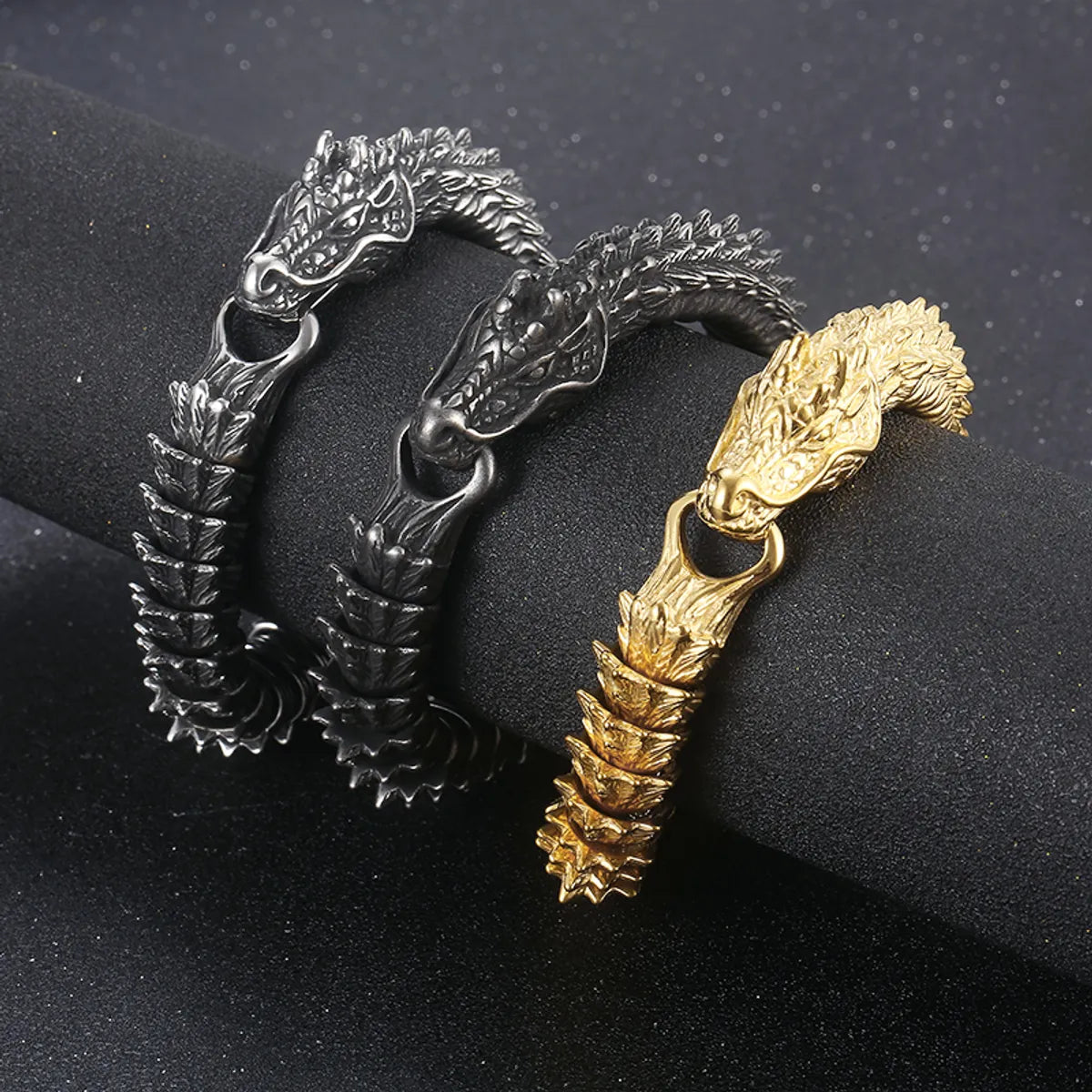 Gemstone bangles with charms for women -Hip-hop Rock Solid Color Dragon Stainless Steel Plating Bracelets