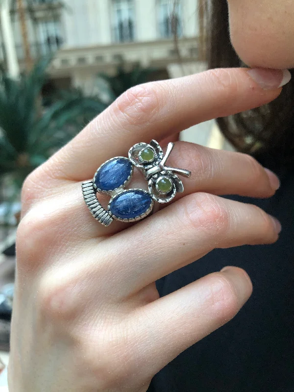 Gold-plated rings for women -Kyanite Ring - Blue Owl Ring - Large Owl Ring