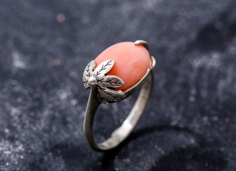 Rings with emerald for women -Coral Statement Ring - Leaf Coral Ring - Orange Oval Ring