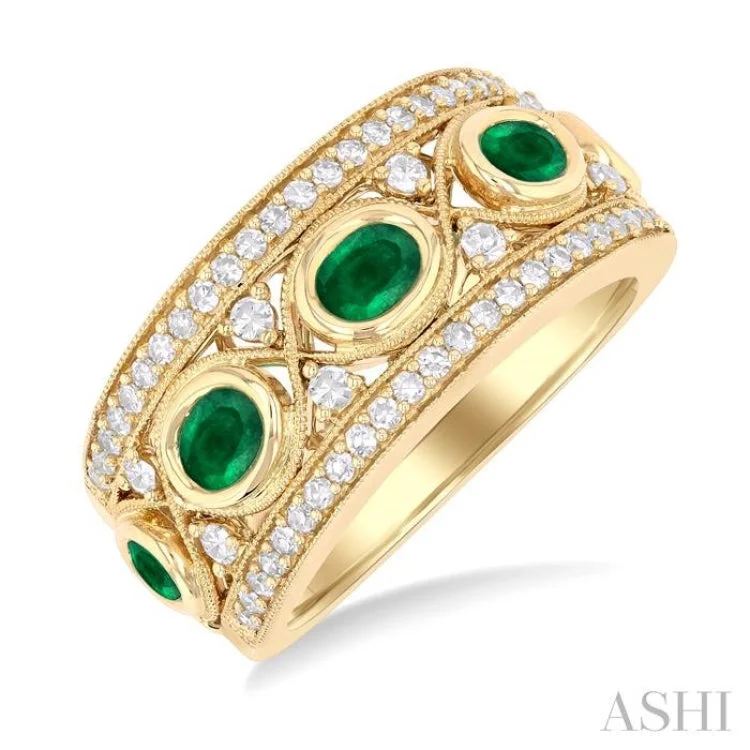 Engagement rings with side stones for women -4x3 MM Oval and 2.8 MM Round Cut Emerald and 3/8 ctw Curvy Criss-Cross Single Cut Diamond Precious Band in 14K Yellow Gold