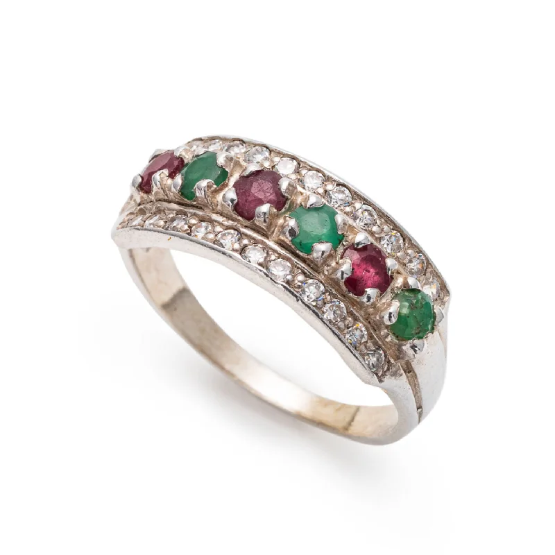 Chunky rings for women -Multistone Emerald Band, Real Emerald & Ruby Ring, Vintage Emerald Band Ring