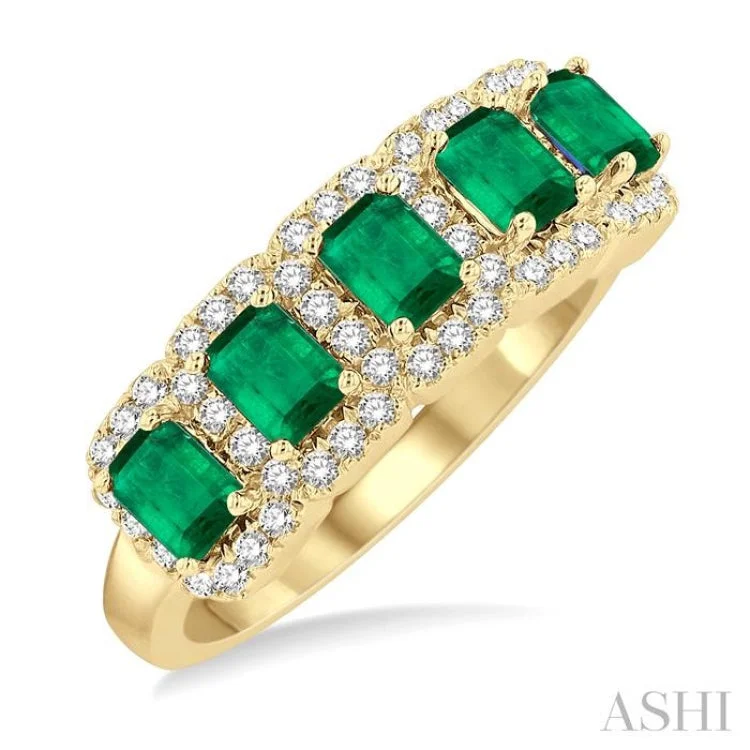 Vintage-inspired engagement rings for women -4x3 MM Emerald Shape Emerald and 1/2 ctw Round Cut Diamond Precious Wedding Band in 14K Yellow Gold