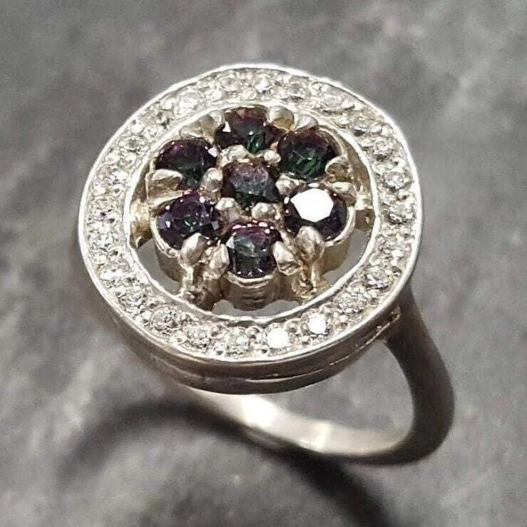 Large gemstone rings for women -Purple Flower Ring - Natural Mystic Topaz Ring - Vintage Cluster Ring