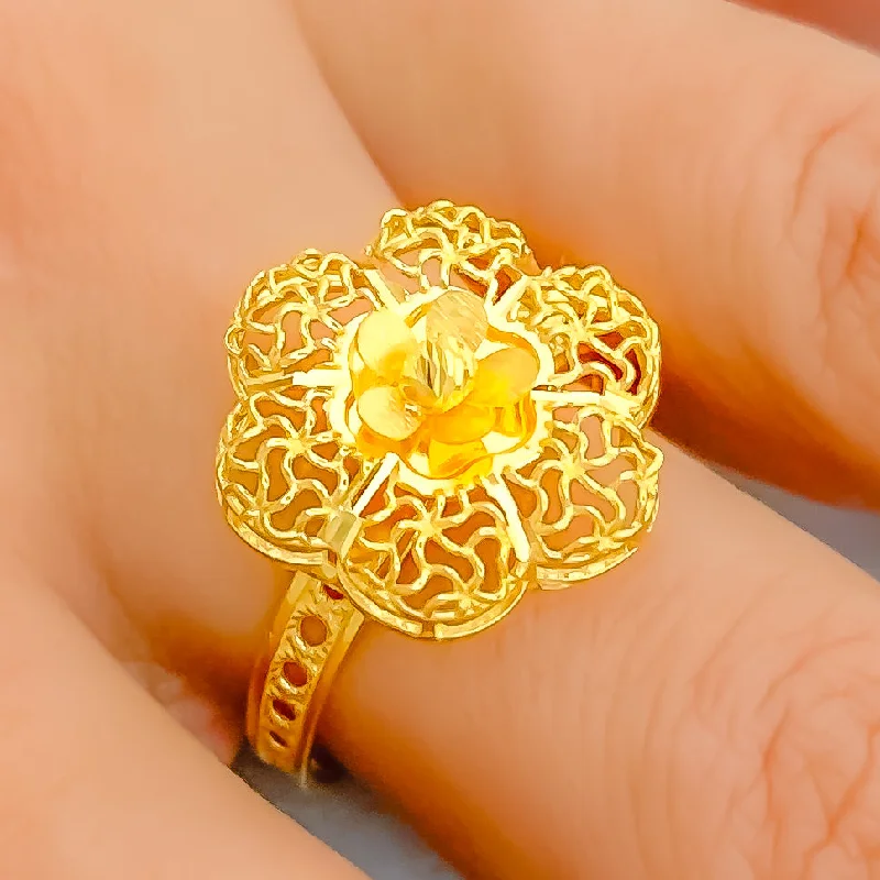 Emerald rings for women -Stunning Shiny Striped Flower 22K Gold Ring