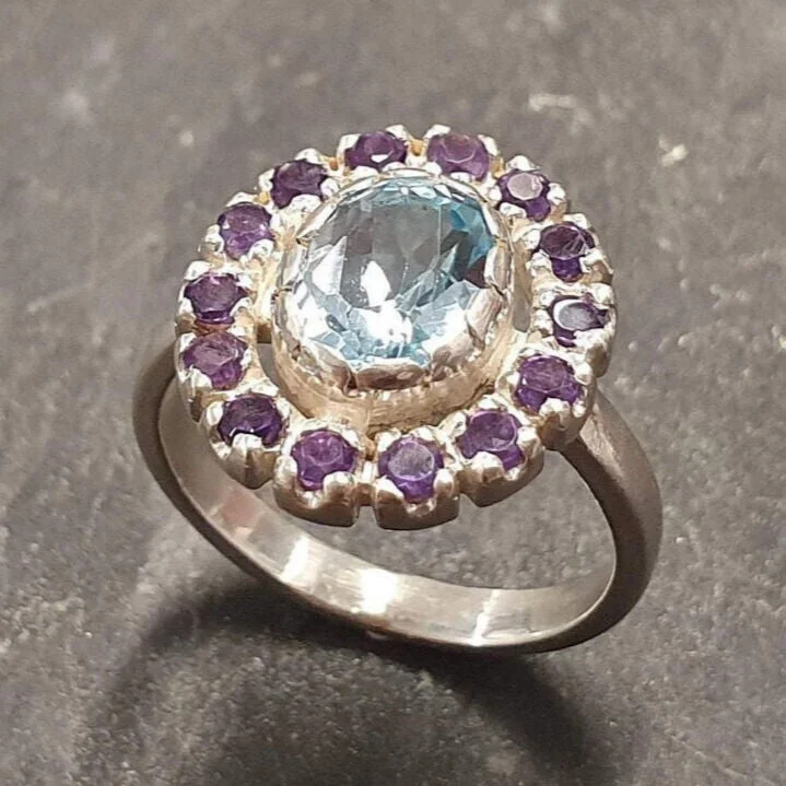 Platinum rings for women -Blue Victorian Ring - Blue Topaz Ring - Vintage Flower Ring