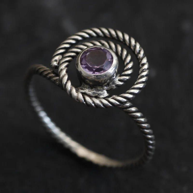 Engagement rings for women -Swirl Amethyst Ring - Spiral Purple Ring - Twisted Silver Band