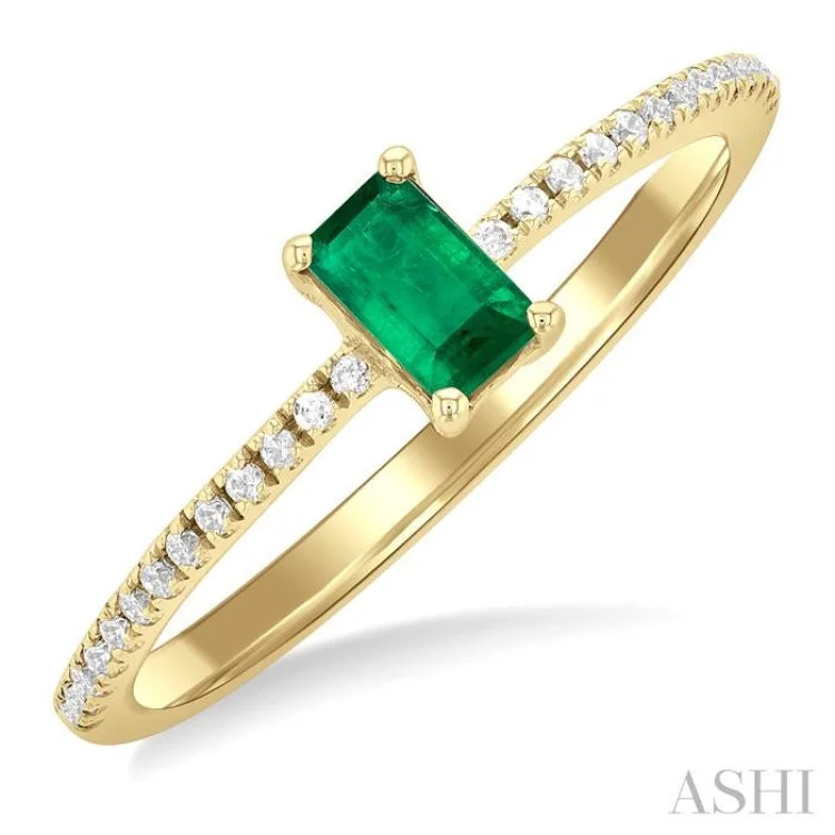 Round-cut engagement rings for women -5x3 MM Emerald Shape Emerald and 1/10 ctw Petite Round Cut Diamond Precious Fashion Ring in 10K Yellow Gold