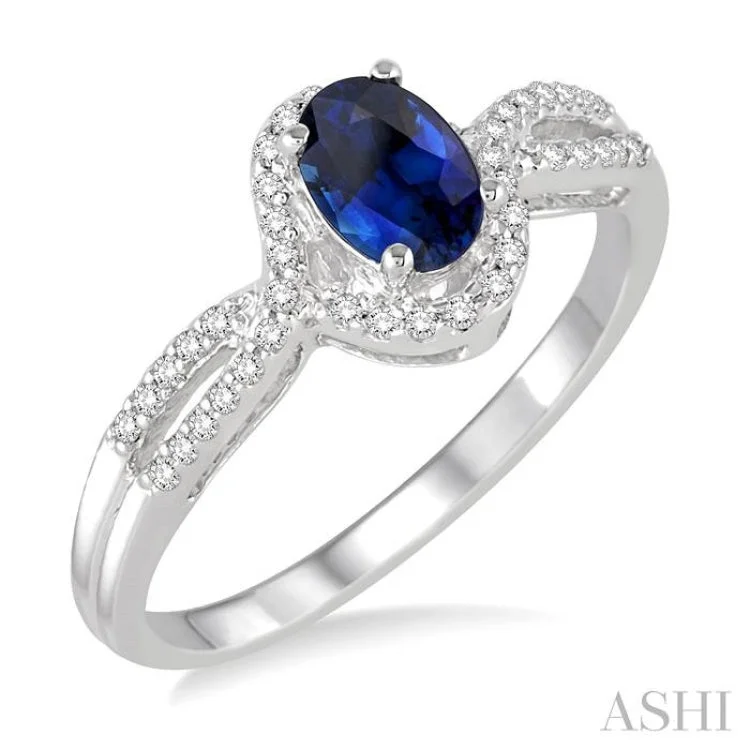 Halo engagement rings for women -6x4 MM Oval Cut Sapphire and 1/6 ctw Round Cut Diamond Ring in 14K White Gold