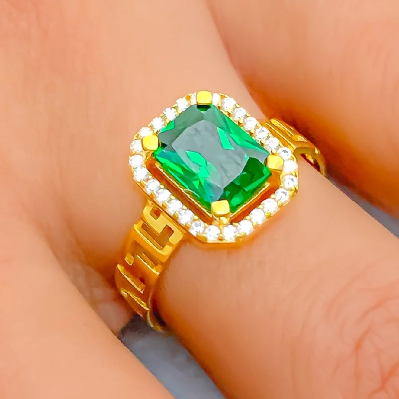 Trendy rings for women -Graceful Green 22k Gold CZ Ring w/ Solitaire Stone