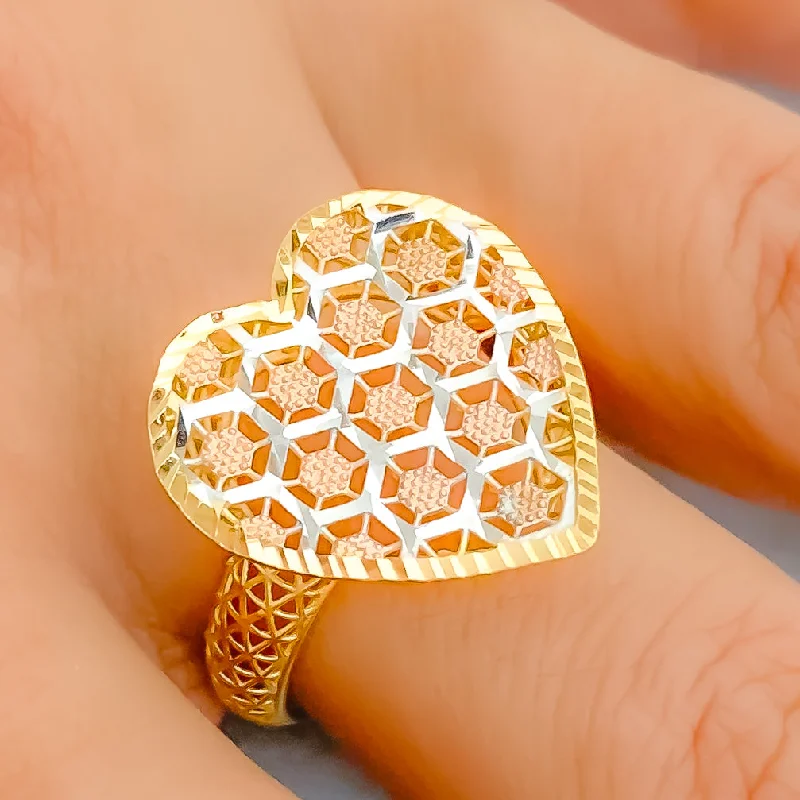 Sparkly diamond rings for women -Three-Tone Checkered Heart 22K Gold Ring