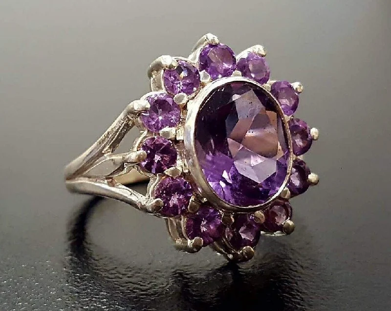 Trendy rings for women -Amethyst Flower Ring - Statement Amethyst Ring - Purple Flower Ring