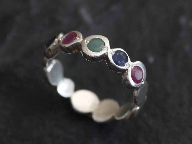 Rings with diamonds for women -Colorful Multistone Band - Sapphire Ruby Emerald Ring - Red Blue Green Silver Ring