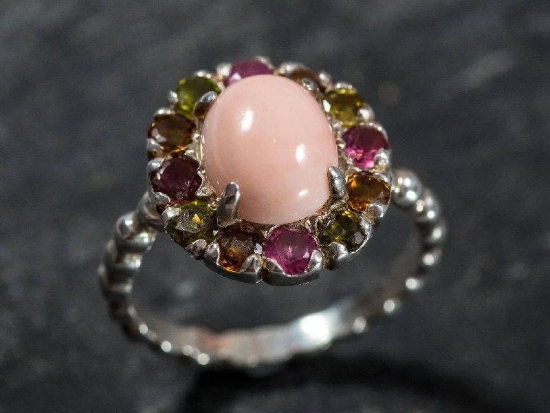 Promise rings with diamonds for women -Coral Flower Ring - Colorful Victorian Ring - Tourmaline Halo Ring