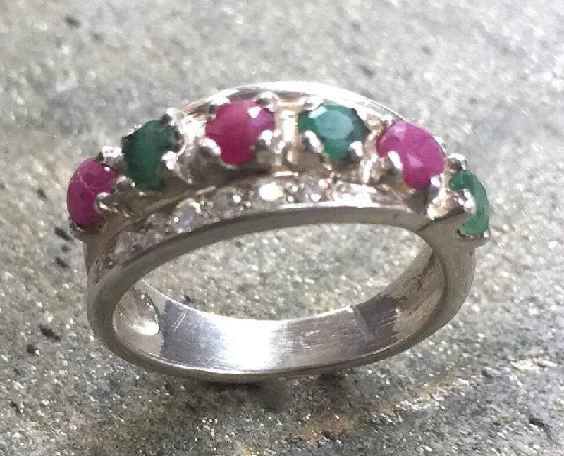 Wedding rings for women with sapphires -Emerald Wide Band - Triple Band Ring - Ruby Silver Ring