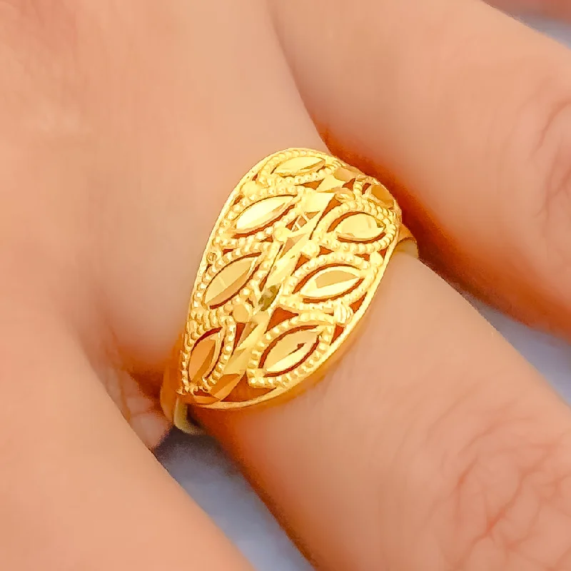 Stackable gold rings for women -Glossy Wavy 21k Gold Leaf Ring