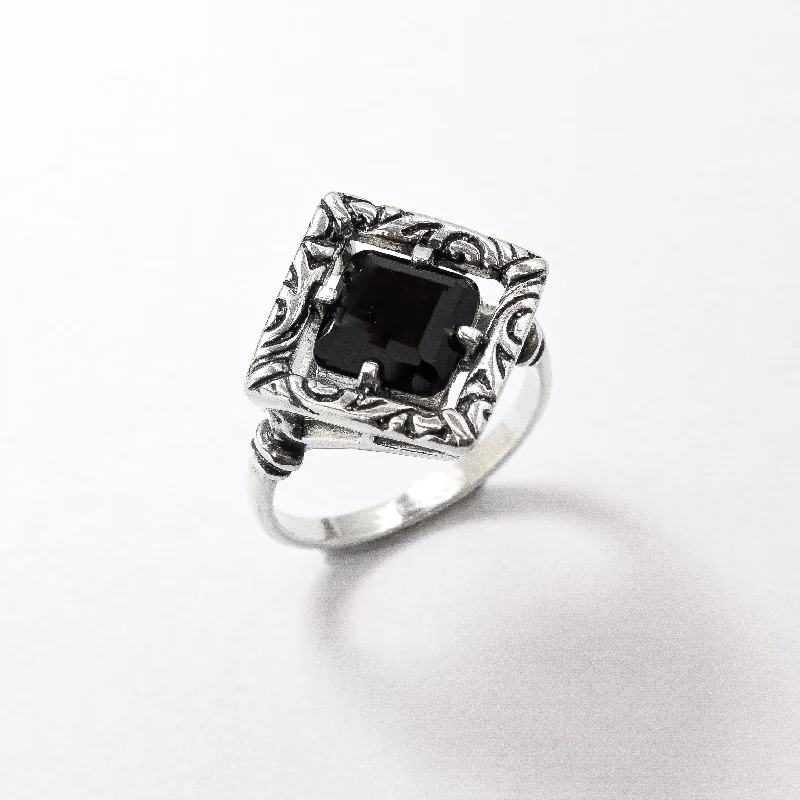 Titanium rings for women -Square Onyx Ring - Black Boho Ring - Tribal Onyx Ring