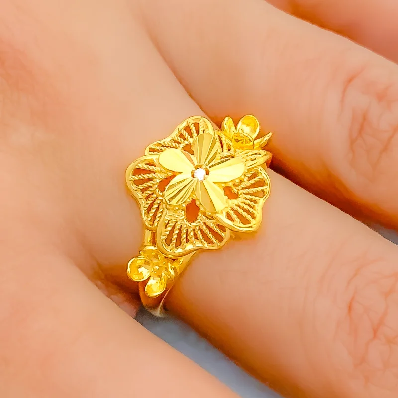 Promise rings for women -Stunning Striped 22K Gold Flower CZ Ring