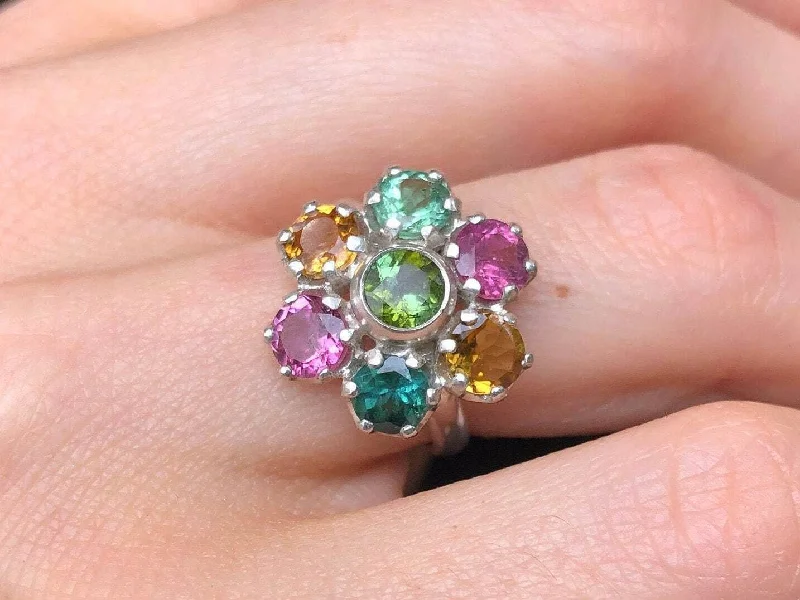 Designer rings for women -Tourmaline Ring - Colorful Flower Ring - Vintage Cocktail Ring