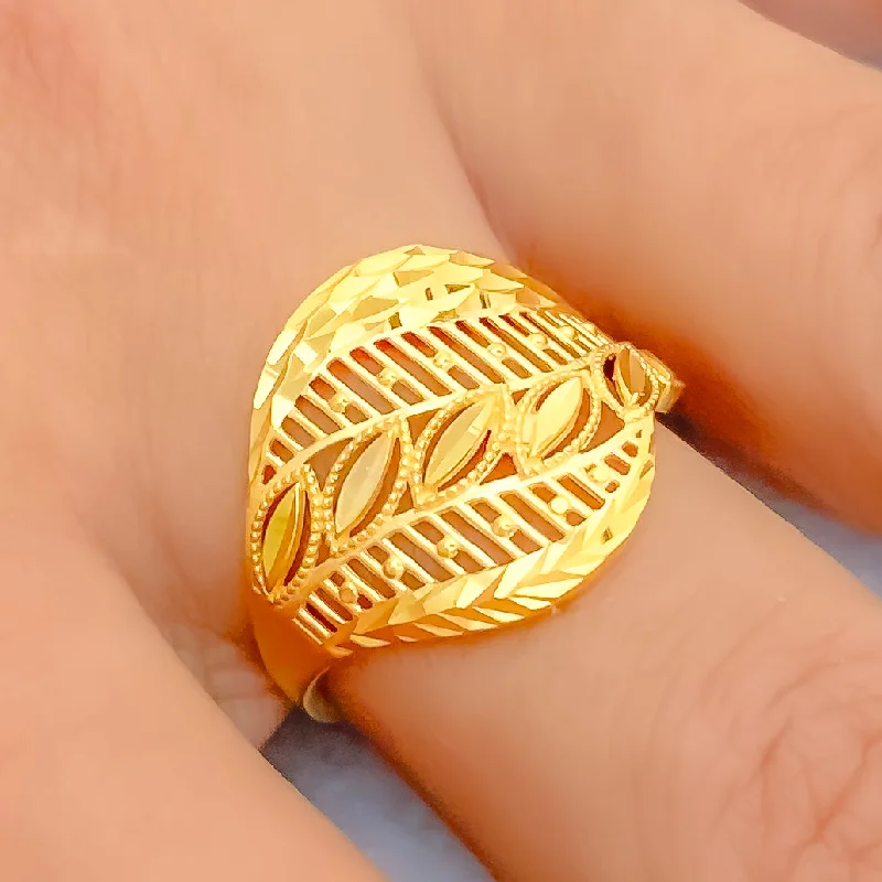 Rings with diamonds for women -Reflective Striped 21k Gold Leaf Ring