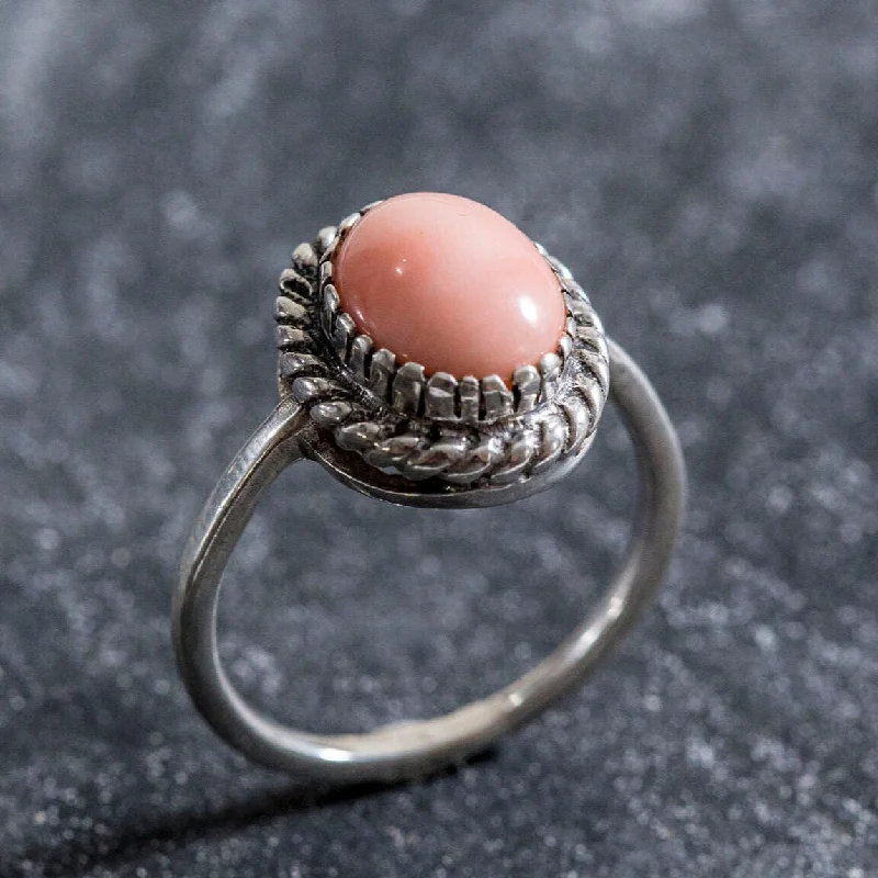 Elegant gemstone rings for women -Coral Solitaire Ring - Pink Vintage Ring - Silver Coral Ring