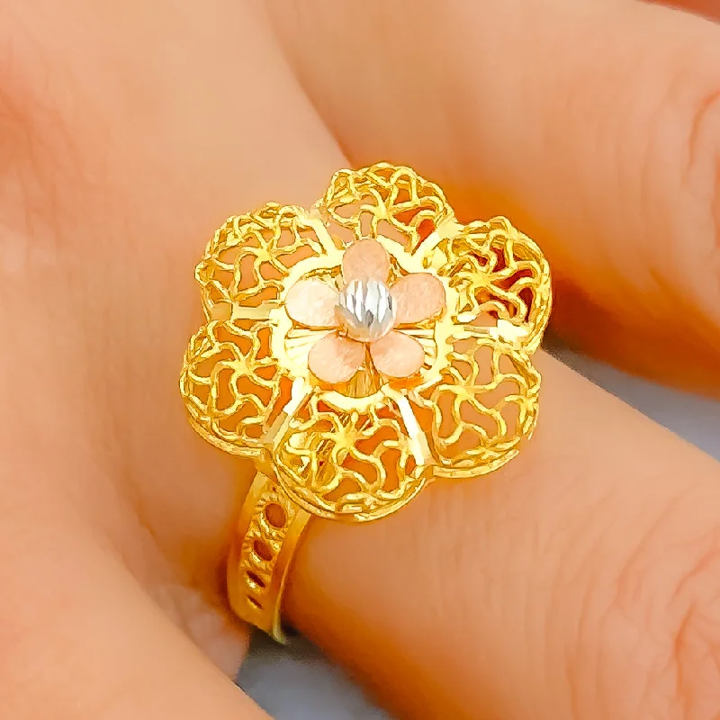 Designer silver rings for women -Three-Tone Floral Mesh 22K Gold Ring