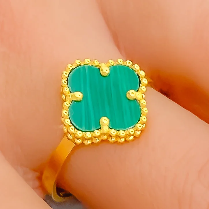 Trendy rings with gemstones for women -Exclusive Malachite 21K Gold Clover Ring