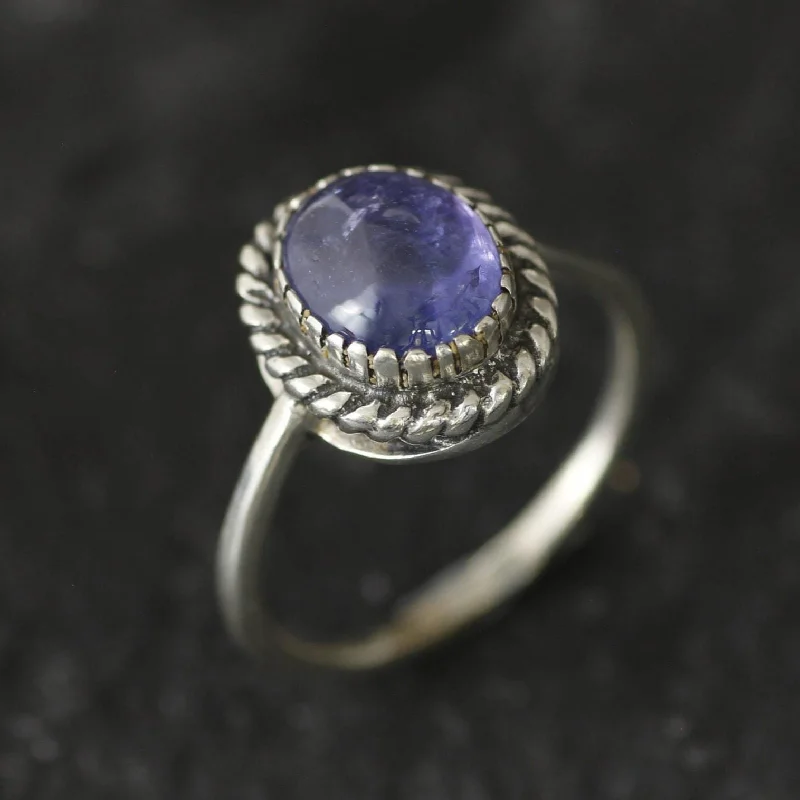 Cute silver rings for women -Tanzanite Ring - Oval Bezel Ring - Blue Vintage Ring