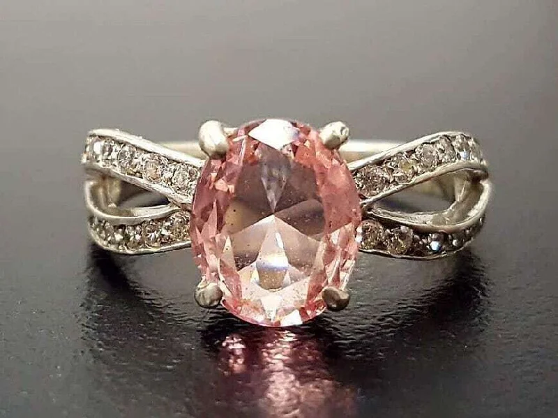 Stackable gold rings for women -Morganite Ring - Pink Promise Ring - Split Pave Band