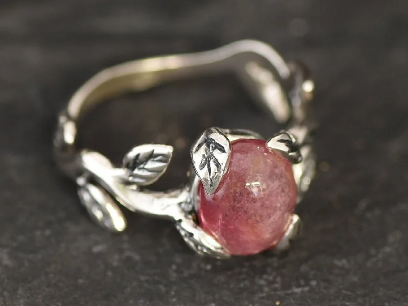 Unique promise rings for women -Pink Tourmaline Ring - Silver Leaf Ring - Olive Branch Ring