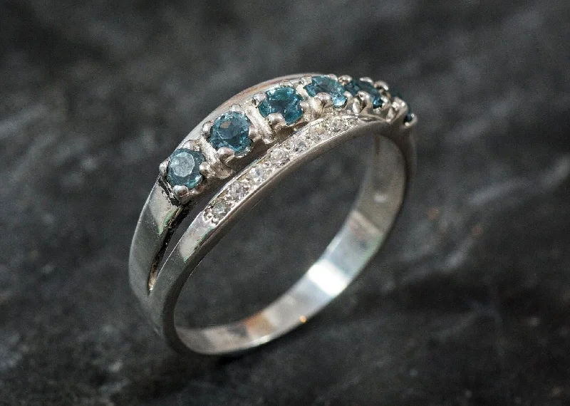 Cushion-cut rings for women -Blue Topaz Vintage Ring - Split Pave Band - Natural Blue Topaz Ring